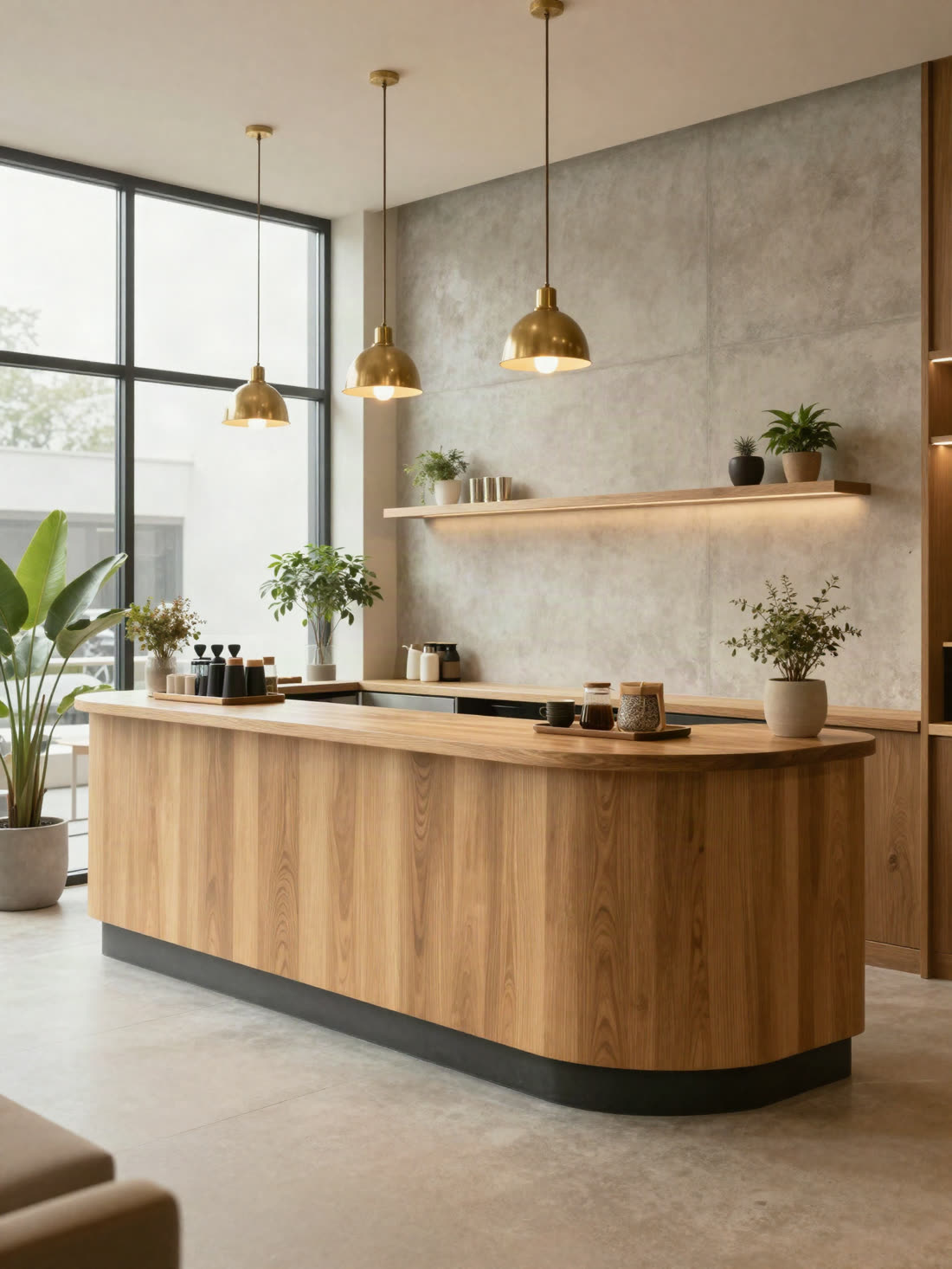 Interior cálido de cafetería con barra de madera, hormigón y plantas