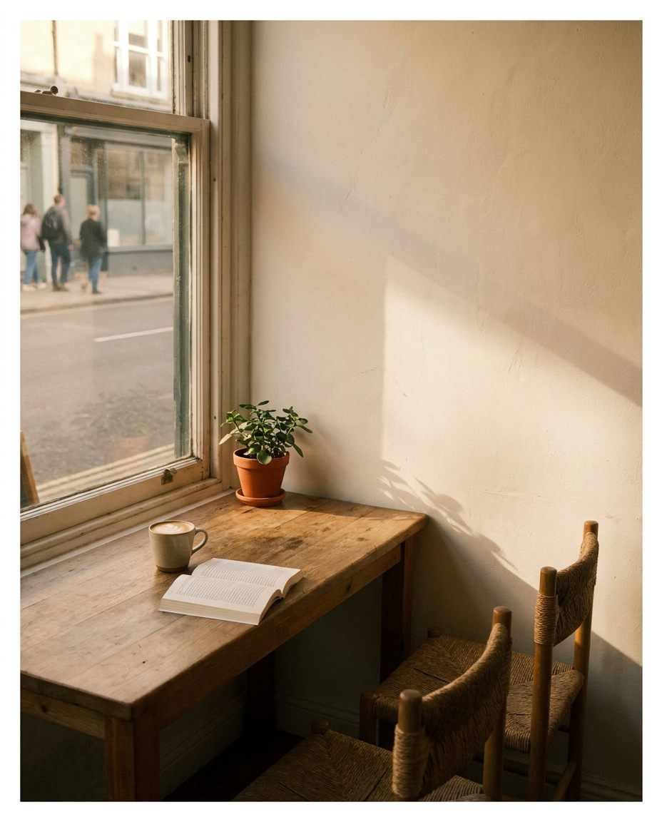 Mesa de madera junto a la ventana en una cafetería